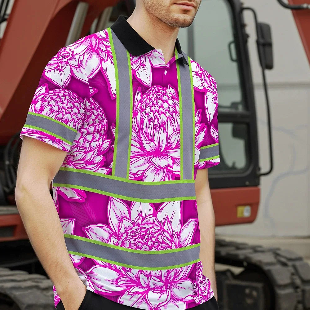 Hi Vis Polo Shirt Reflective Tapes Pink Neon White Protea Custom Name Safety Workwear For Workers, Truckers, Operators