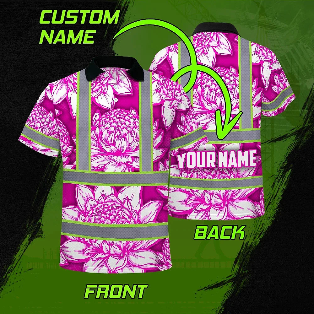 Hi Vis Polo Shirt Reflective Tapes Pink Neon White Protea Custom Name Safety Workwear For Workers, Truckers, Operators