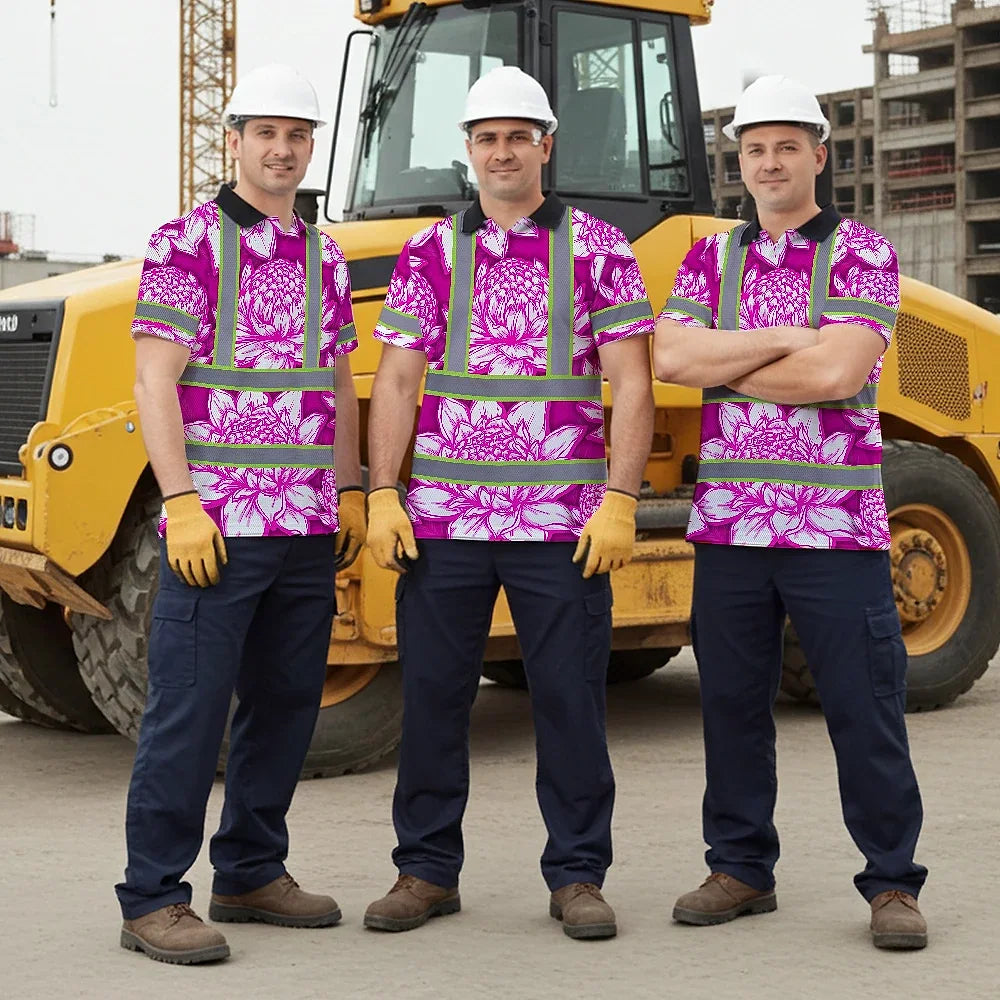 Hi Vis Polo Shirt Reflective Tapes Pink Neon White Protea Custom Name Safety Workwear For Workers, Truckers, Operators