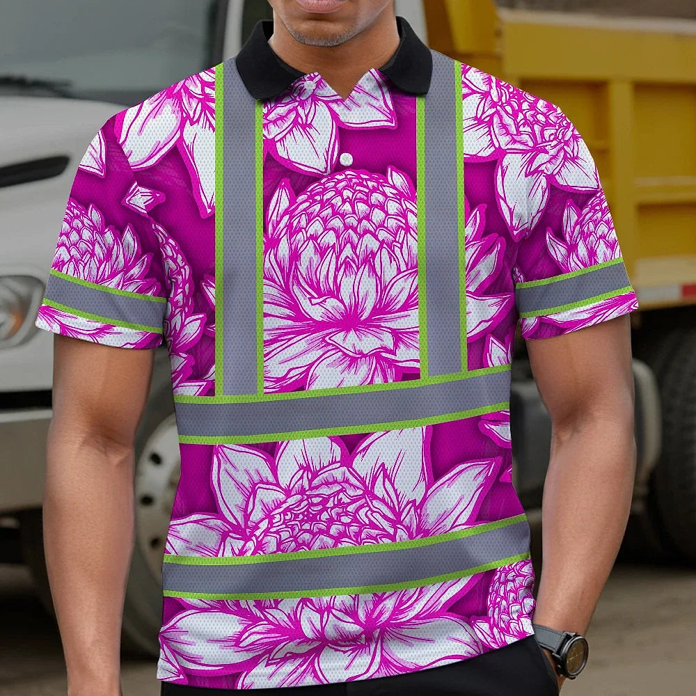 Hi Vis Polo Shirt Reflective Tapes Pink Neon White Protea Custom Name Safety Workwear For Workers, Truckers, Operators