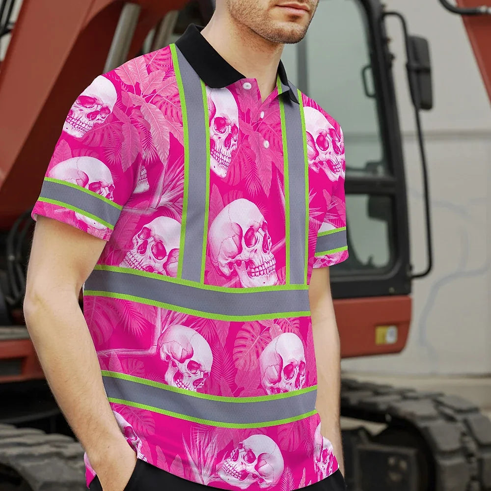 Hi Vis Polo Shirt Reflective Tapes Pink Neon White Skull Custom Name Safety Workwear For Workers, Truckers, Operators
