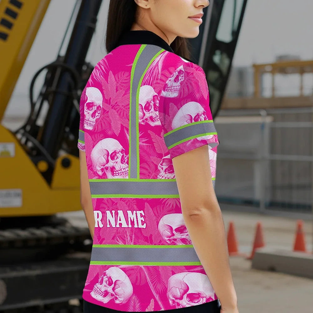 Hi Vis Polo Shirt Reflective Tapes Pink Neon White Skull Custom Name Safety Workwear For Workers, Truckers, Operators