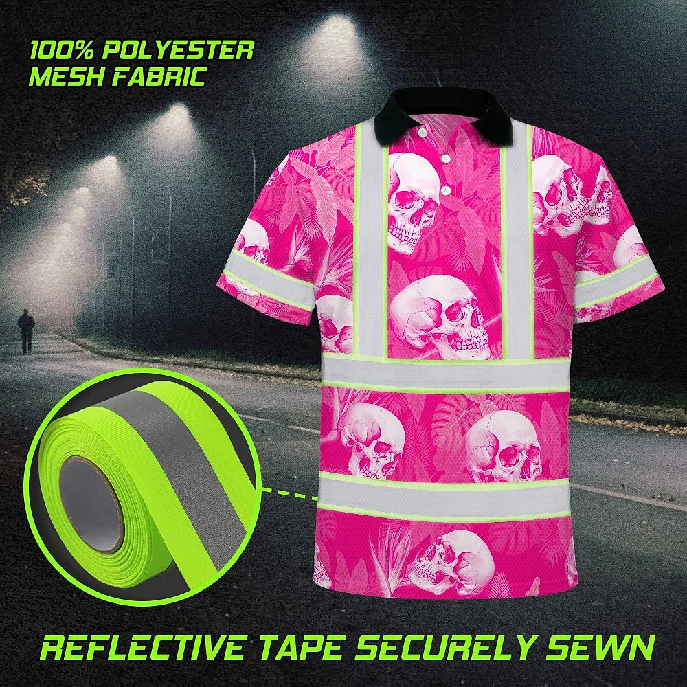 Hi Vis Polo Shirt Reflective Tapes Pink Neon White Skull Custom Name Safety Workwear For Workers, Truckers, Operators