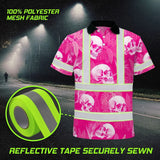 Hi Vis Polo Shirt Reflective Tapes Pink Neon White Skull Custom Name Safety Workwear For Workers, Truckers, Operators