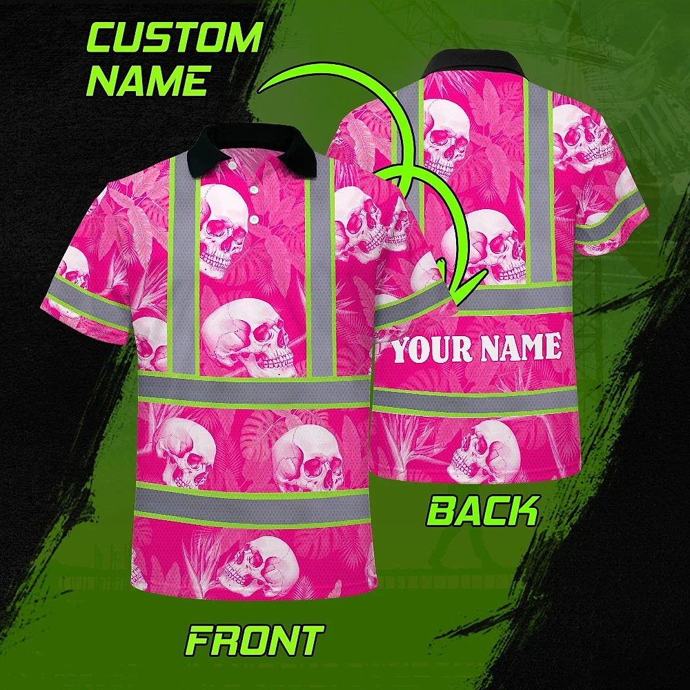 Hi Vis Polo Shirt Reflective Tapes Pink Neon White Skull Custom Name Safety Workwear For Workers, Truckers, Operators