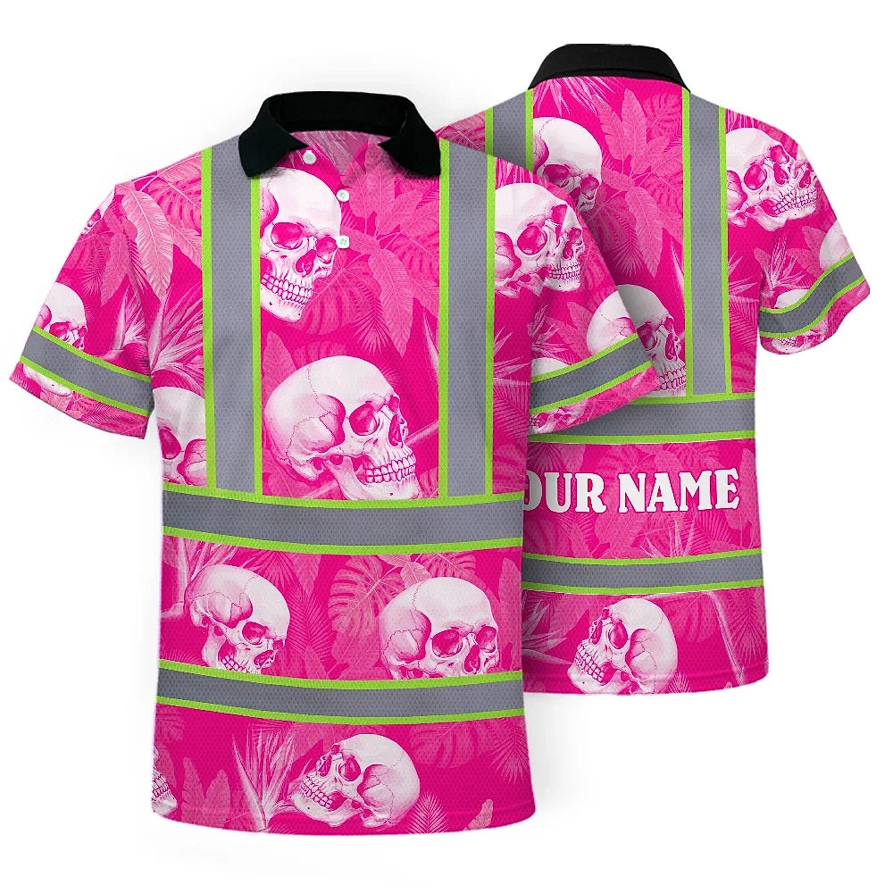 Hi Vis Polo Shirt Reflective Tapes Pink Neon White Skull Custom Name Safety Workwear For Workers, Truckers, Operators
