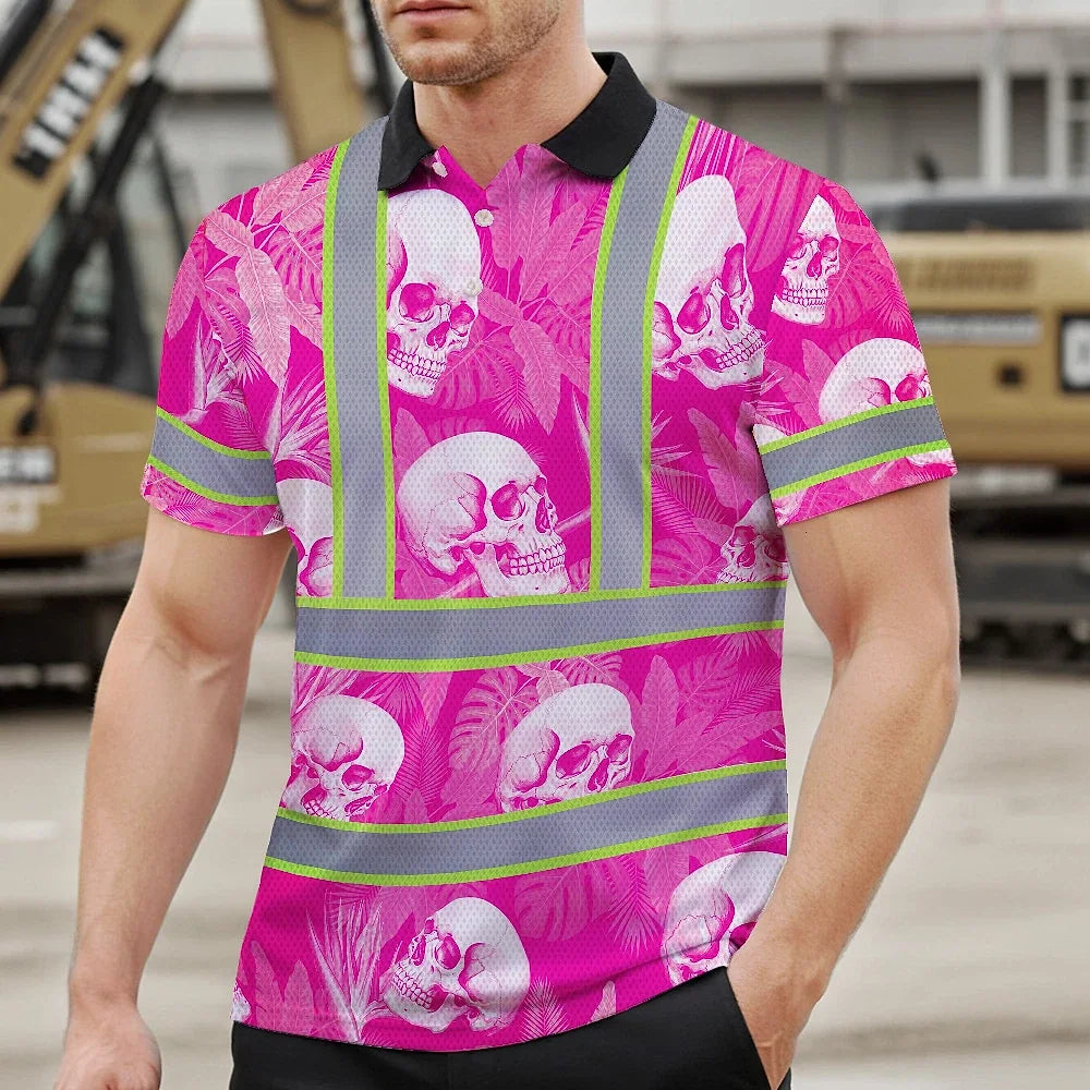 Hi Vis Polo Shirt Reflective Tapes Pink Neon White Skull Custom Name Safety Workwear For Workers, Truckers, Operators