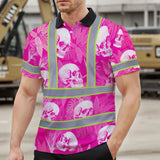 Hi Vis Polo Shirt Reflective Tapes Pink Neon White Skull Custom Name Safety Workwear For Workers, Truckers, Operators