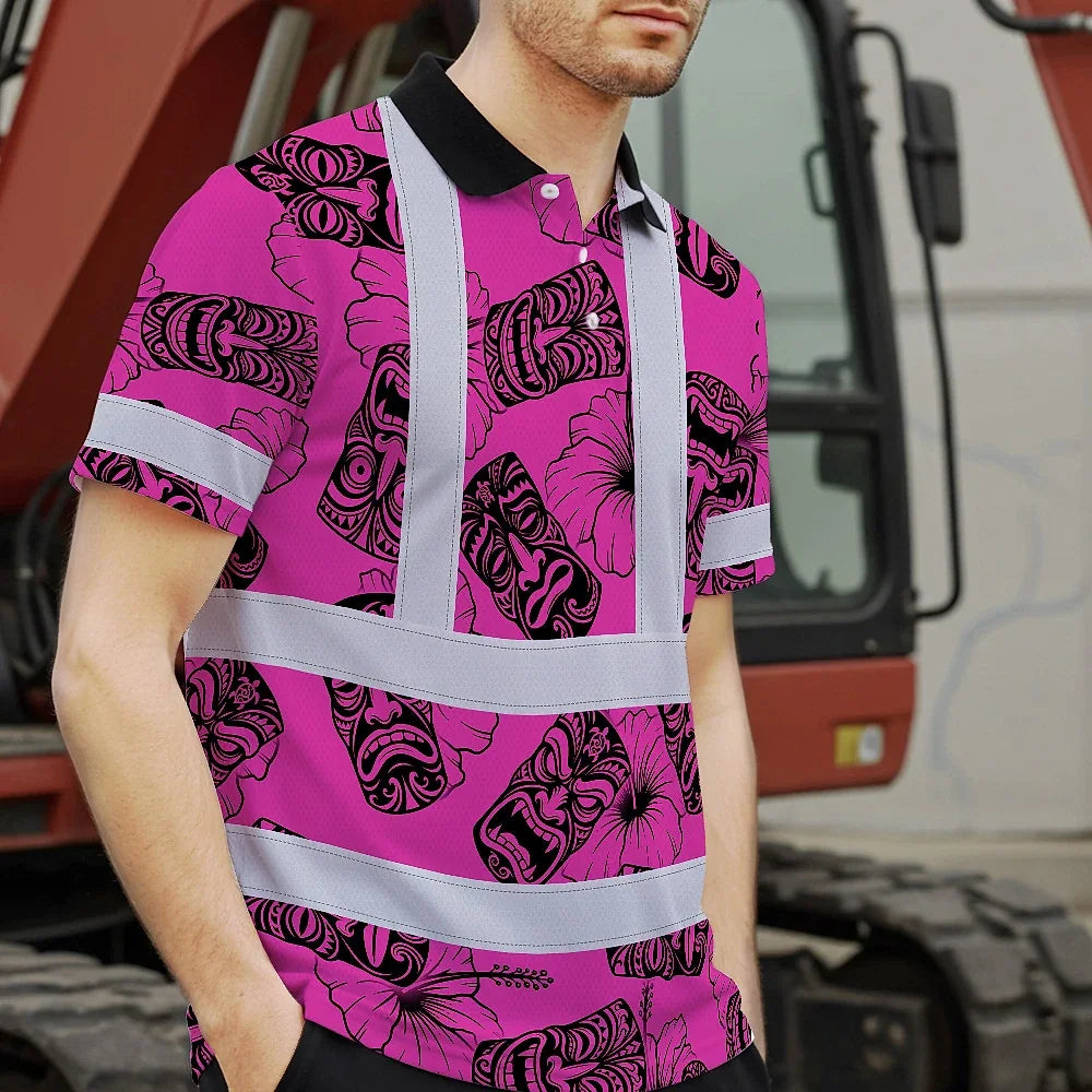 Hi Vis Polo Shirt Reflective Tapes Pink Tiki Custom Name Safety Workwear For Workers, Truckers, Operators