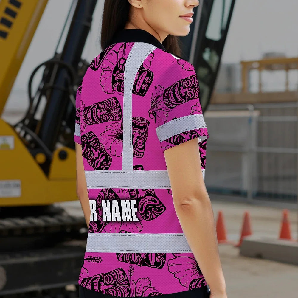 Hi Vis Polo Shirt Reflective Tapes Pink Tiki Custom Name Safety Workwear For Workers, Truckers, Operators