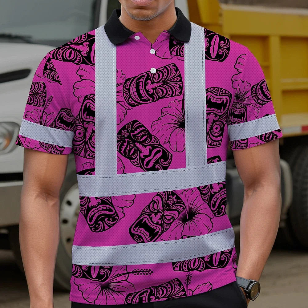 Hi Vis Polo Shirt Reflective Tapes Pink Tiki Custom Name Safety Workwear For Workers, Truckers, Operators