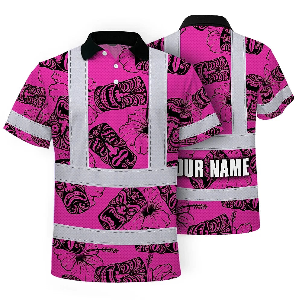 Hi Vis Polo Shirt Reflective Tapes Pink Tiki Custom Name Safety Workwear For Workers, Truckers, Operators