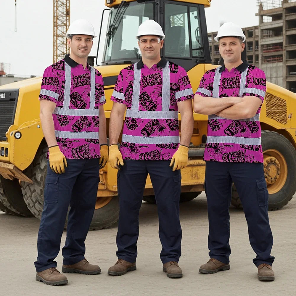 Hi Vis Polo Shirt Reflective Tapes Pink Tiki Custom Name Safety Workwear For Workers, Truckers, Operators