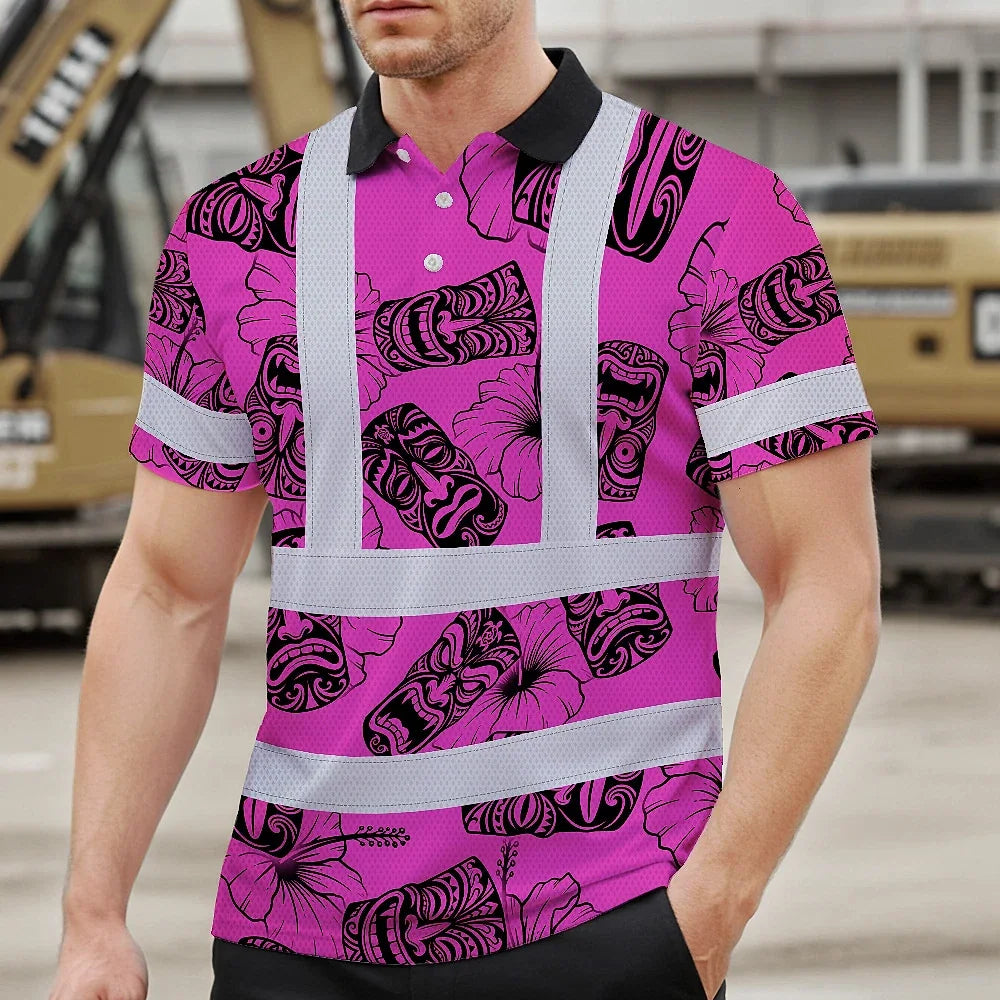 Hi Vis Polo Shirt Reflective Tapes Pink Tiki Custom Name Safety Workwear For Workers, Truckers, Operators