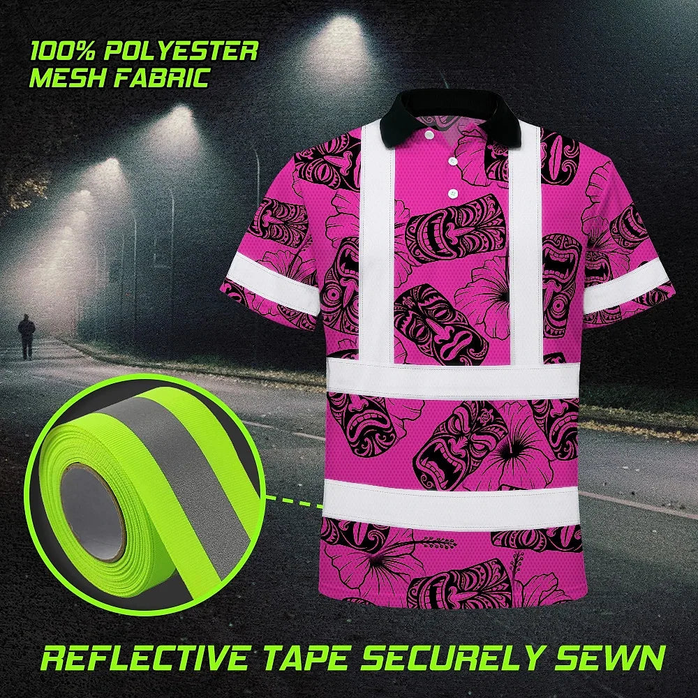 Hi Vis Polo Shirt Reflective Tapes Pink Tiki Custom Name Safety Workwear For Workers, Truckers, Operators