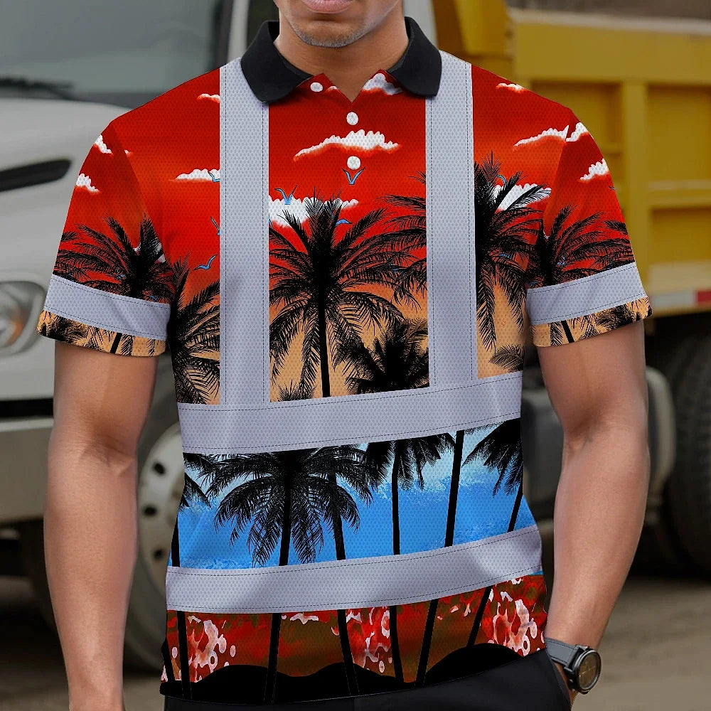Hi Vis Polo Shirt Reflective Tapes Red Coconut Tree Custom Name Safety Workwear For Workers, Truckers, Operators