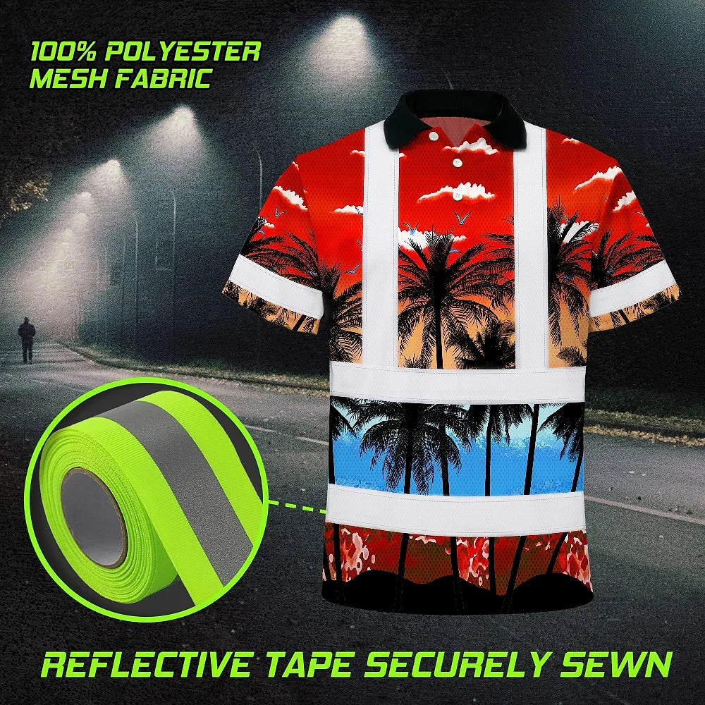 Hi Vis Polo Shirt Reflective Tapes Red Coconut Tree Custom Name Safety Workwear For Workers, Truckers, Operators