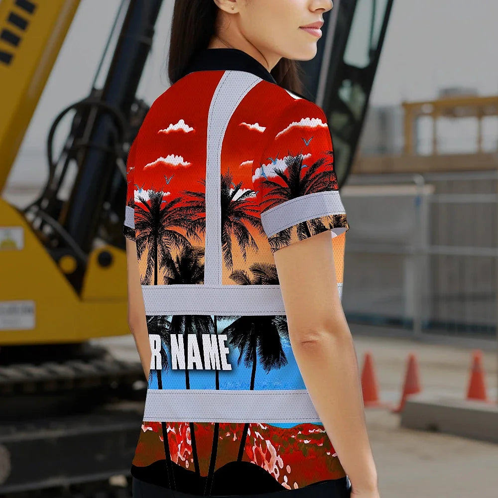 Hi Vis Polo Shirt Reflective Tapes Red Coconut Tree Custom Name Safety Workwear For Workers, Truckers, Operators