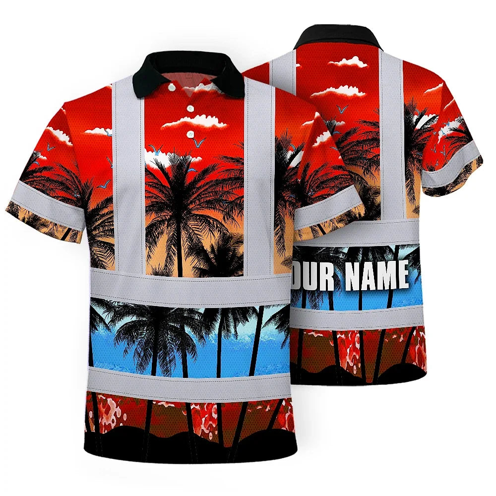 Hi Vis Polo Shirt Reflective Tapes Red Coconut Tree Custom Name Safety Workwear For Workers, Truckers, Operators