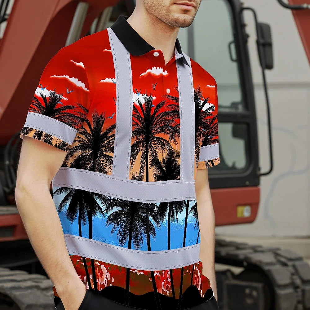 Hi Vis Polo Shirt Reflective Tapes Red Coconut Tree Custom Name Safety Workwear For Workers, Truckers, Operators