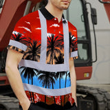 Hi Vis Polo Shirt Reflective Tapes Red Coconut Tree Custom Name Safety Workwear For Workers, Truckers, Operators