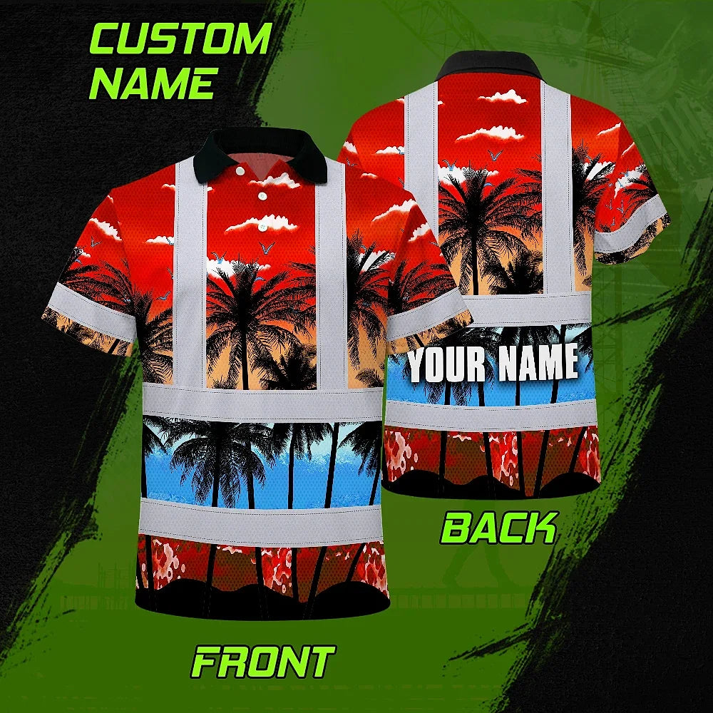 Hi Vis Polo Shirt Reflective Tapes Red Coconut Tree Custom Name Safety Workwear For Workers, Truckers, Operators