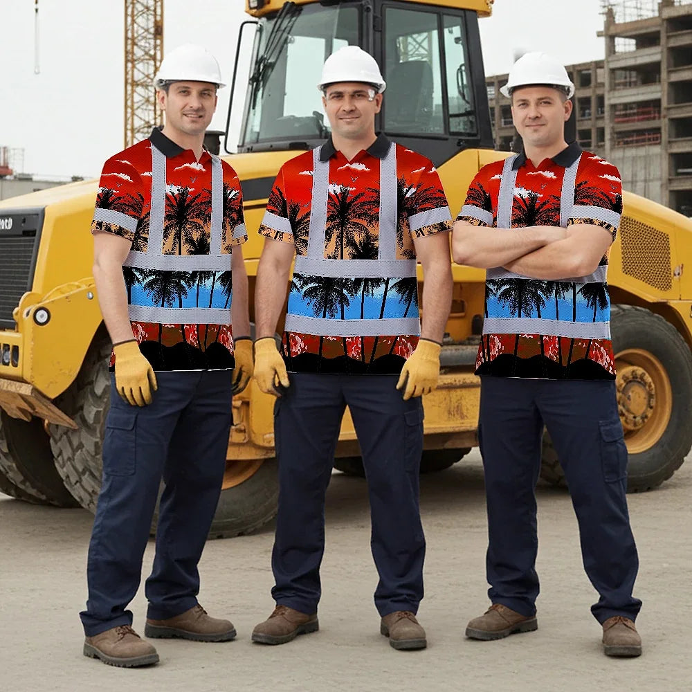 Hi Vis Polo Shirt Reflective Tapes Red Coconut Tree Custom Name Safety Workwear For Workers, Truckers, Operators