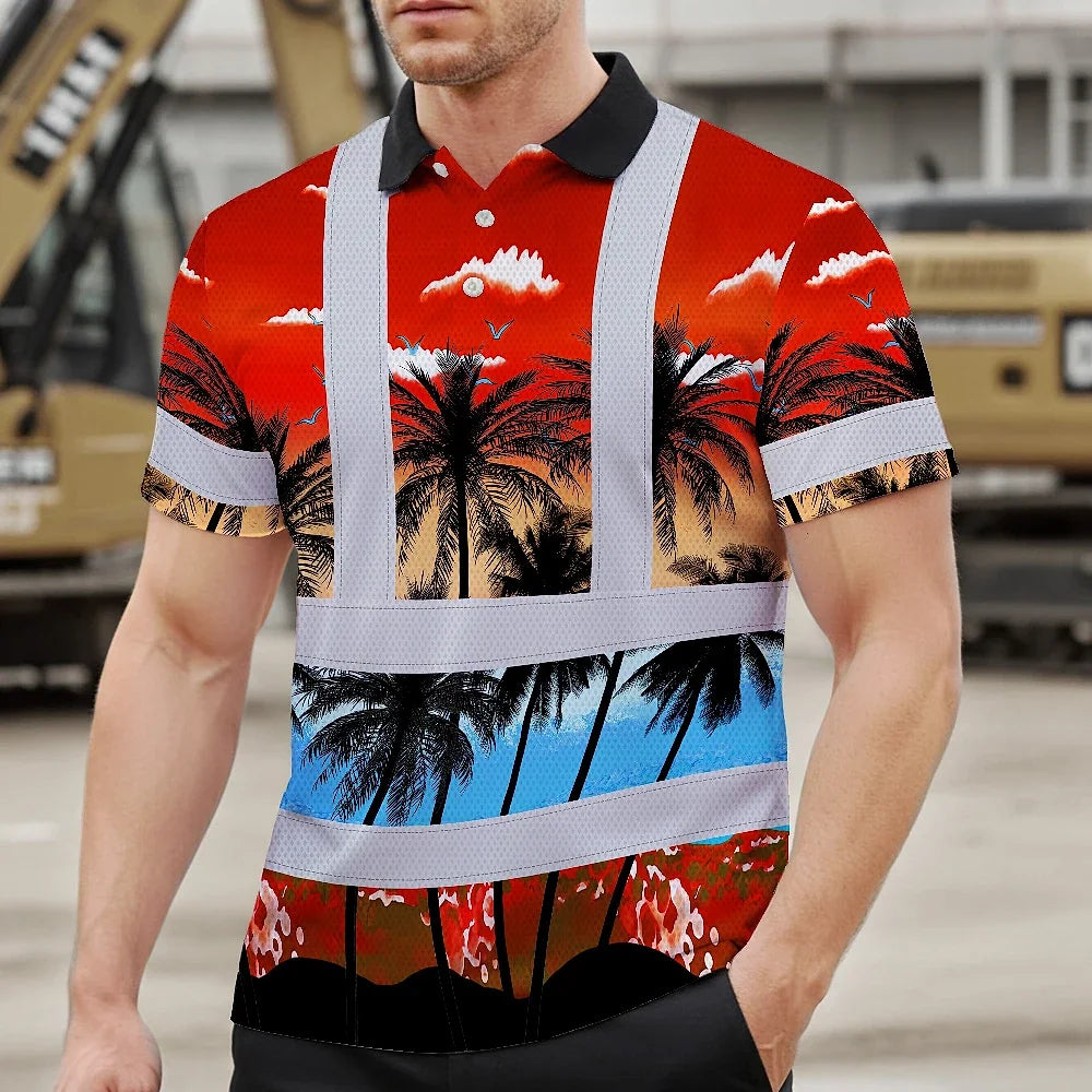 Hi Vis Polo Shirt Reflective Tapes Red Coconut Tree Custom Name Safety Workwear For Workers, Truckers, Operators