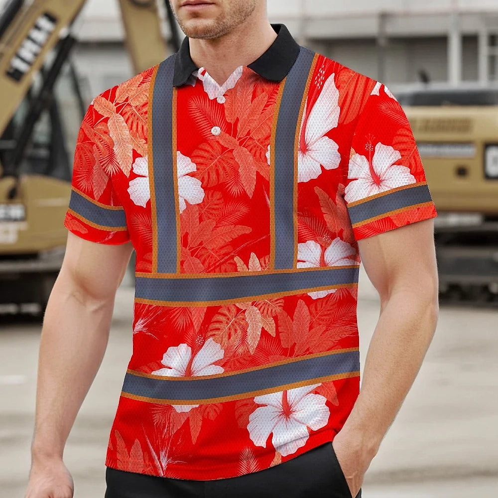 Hi Vis Polo Shirt Reflective Tapes Red Neon Custom Name Safety Workwear For Workers, Truckers, Operators