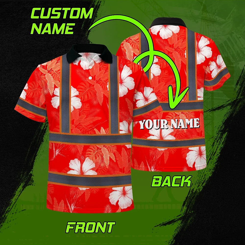 Hi Vis Polo Shirt Reflective Tapes Red Neon Custom Name Safety Workwear For Workers, Truckers, Operators