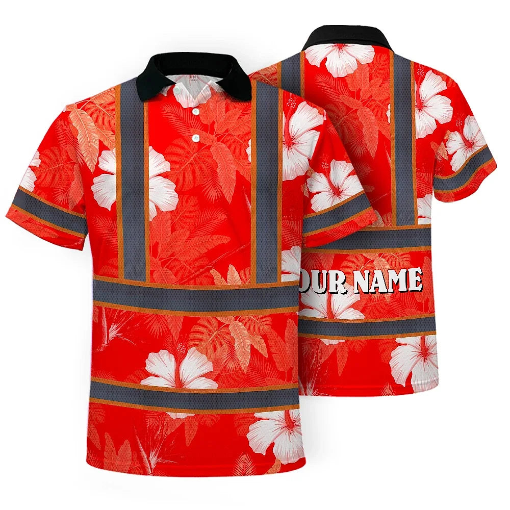 Hi Vis Polo Shirt Reflective Tapes Red Neon Custom Name Safety Workwear For Workers, Truckers, Operators
