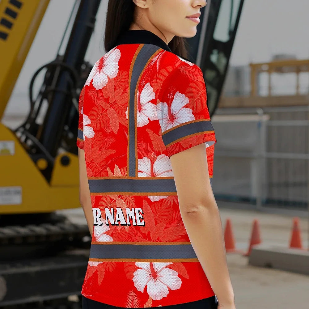Hi Vis Polo Shirt Reflective Tapes Red Neon Custom Name Safety Workwear For Workers, Truckers, Operators