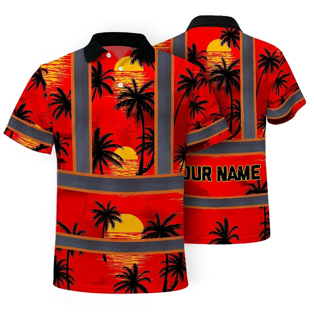 Hi Vis Polo Shirt Reflective Tapes Red Neon Flowers Custom Name