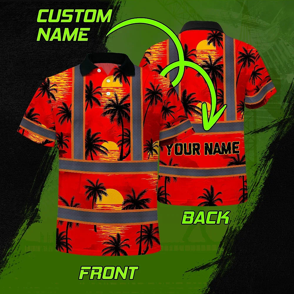 Hi Vis Polo Shirt Reflective Tapes Red Neon Flowers Custom Name