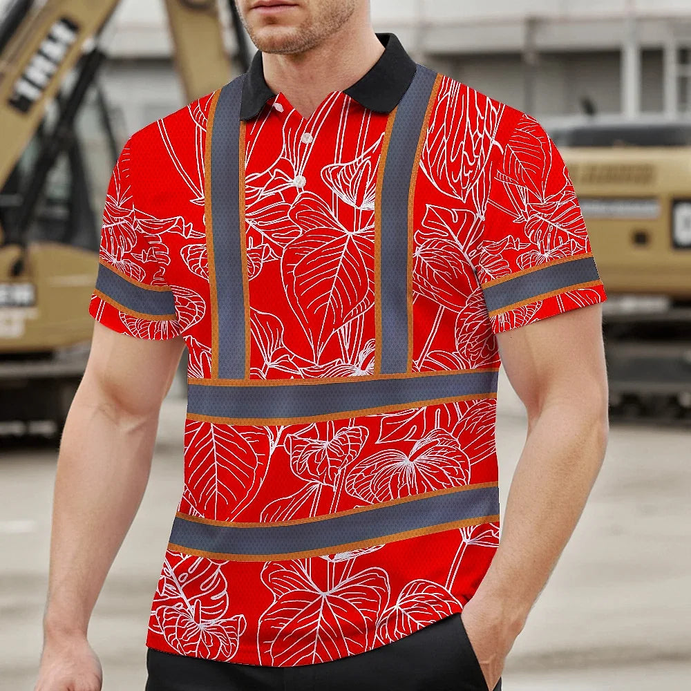 Hi Vis Polo Shirt Reflective Tapes Red Neon Flowers Custom Name Safety Workwear For Workers, Truckers, Operators