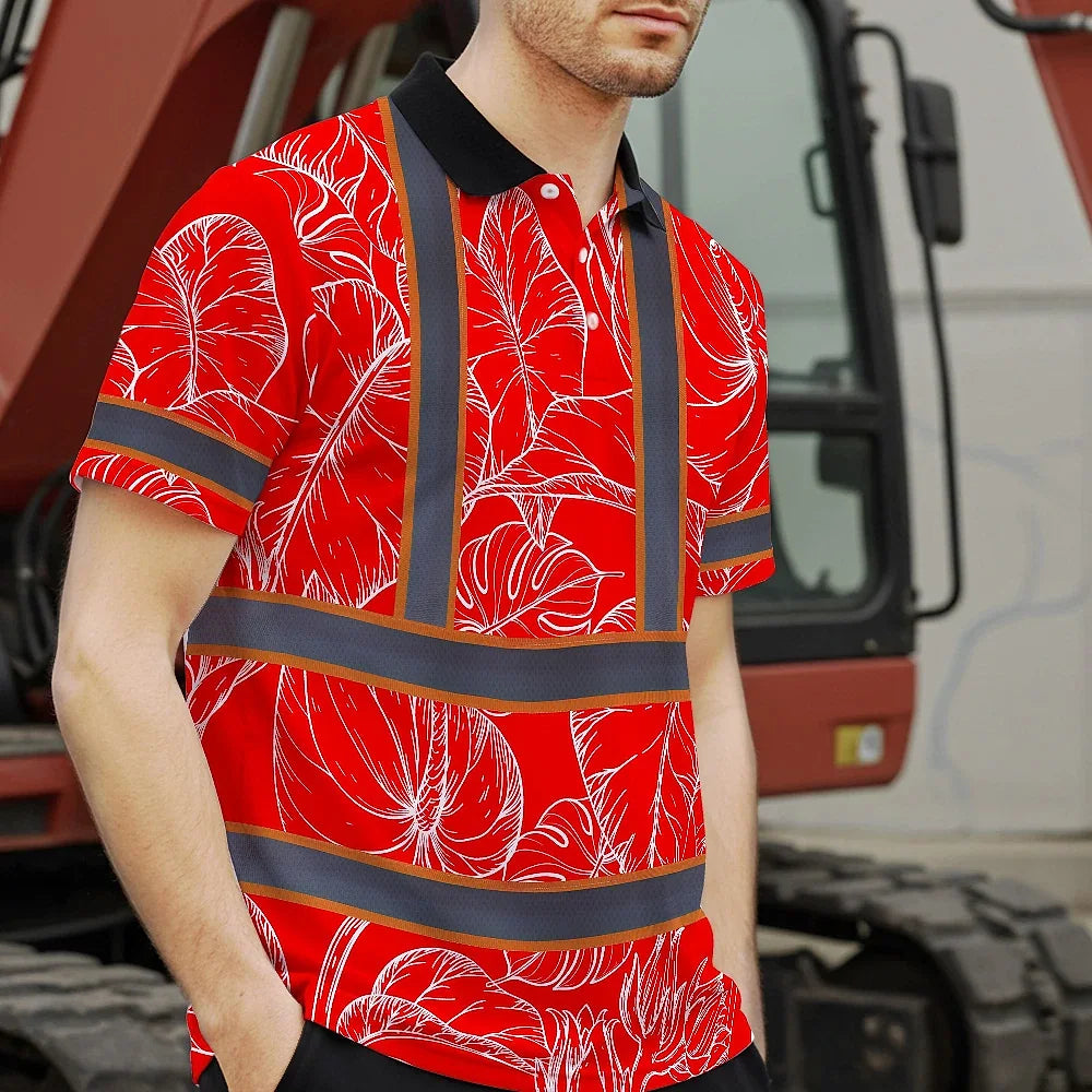 Hi Vis Polo Shirt Reflective Tapes Red Neon Flowers Custom Name Safety Workwear For Workers, Truckers, Operators