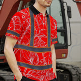 Hi Vis Polo Shirt Reflective Tapes Red Neon Flowers Custom Name Safety Workwear For Workers, Truckers, Operators