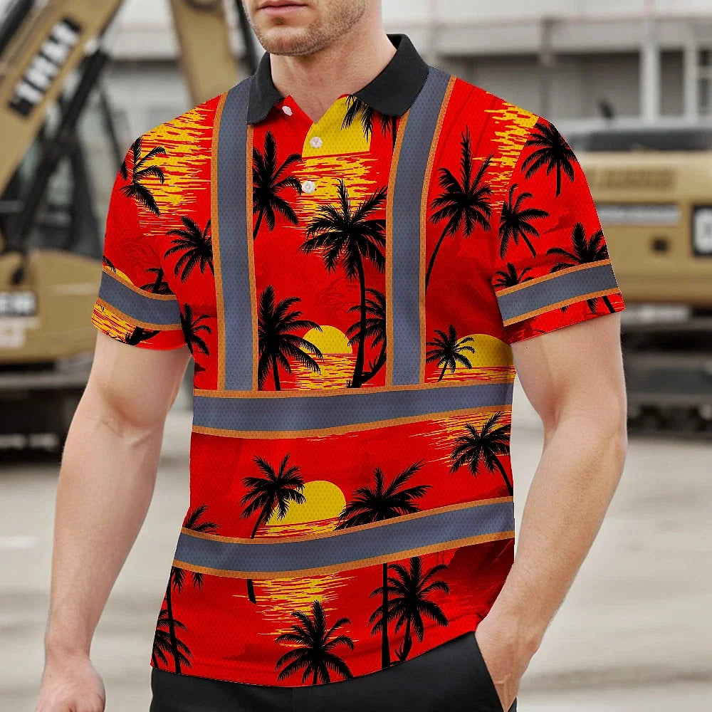 Hi Vis Polo Shirt Reflective Tapes Red Neon Flowers Custom Name
