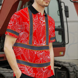 Hi Vis Polo Shirt Reflective Tapes Red Neon Flowers Custom Name Safety Workwear For Workers, Truckers, Operators