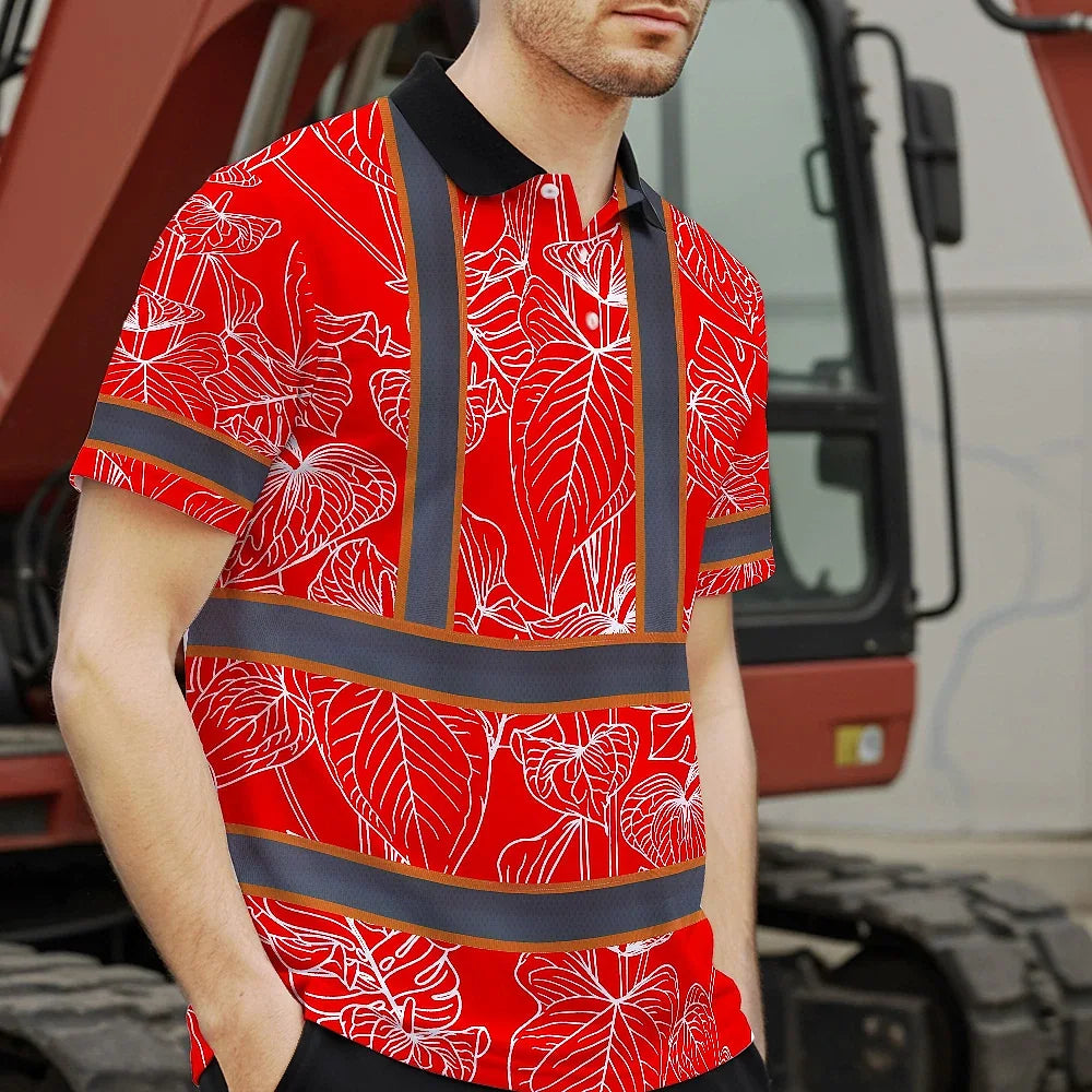 Hi Vis Polo Shirt Reflective Tapes Red Neon Flowers Custom Name Safety Workwear For Workers, Truckers, Operators