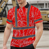 Hi Vis Polo Shirt Reflective Tapes Red Neon Flowers Custom Name Safety Workwear For Workers, Truckers, Operators