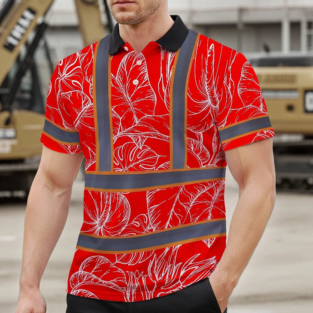 Hi Vis Polo Shirt Reflective Tapes Red Neon Flowers Custom Name Safety Workwear For Workers, Truckers, Operators