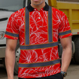 Hi Vis Polo Shirt Reflective Tapes Red Neon Flowers Custom Name Safety Workwear For Workers, Truckers, Operators