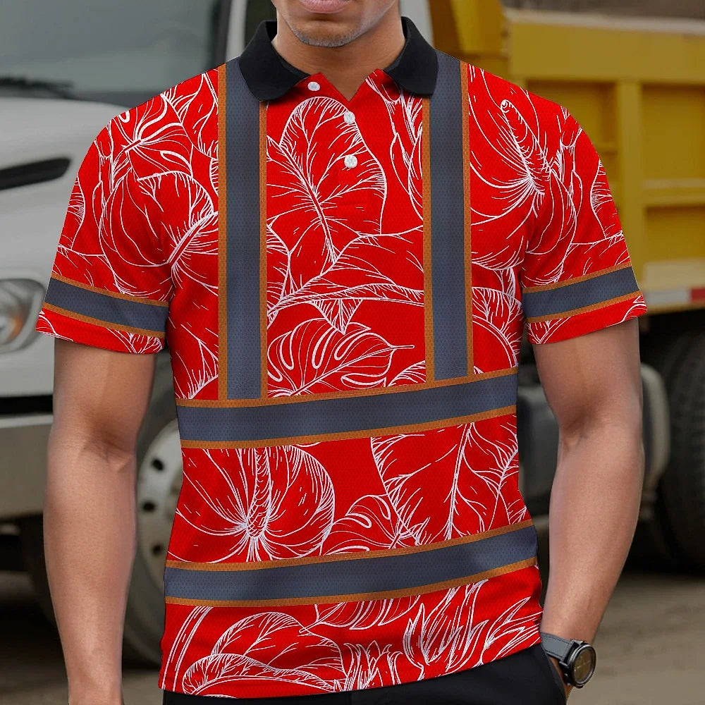 Hi Vis Polo Shirt Reflective Tapes Red Neon Flowers Custom Name Safety Workwear For Workers, Truckers, Operators