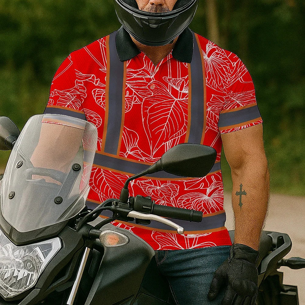 Hi Vis Polo Shirt Reflective Tapes Red Neon Flowers Custom Name Safety Workwear For Workers, Truckers, Operators
