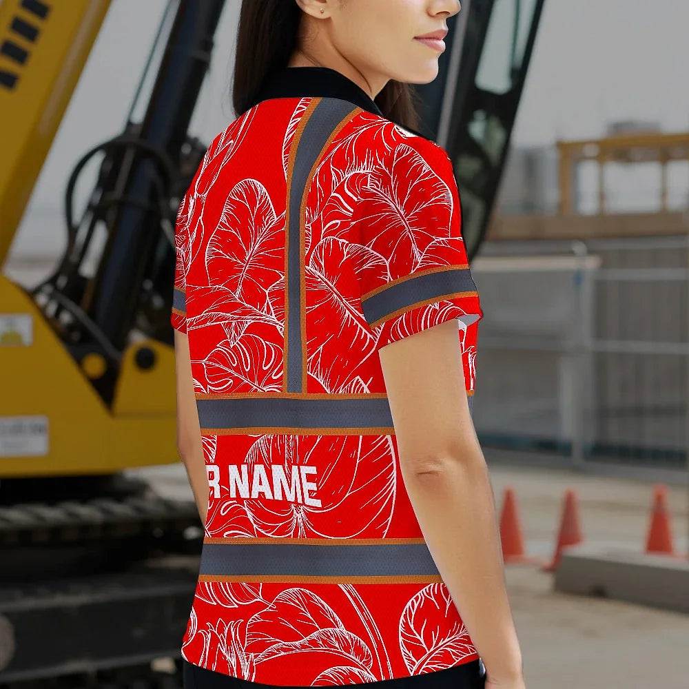 Hi Vis Polo Shirt Reflective Tapes Red Neon Flowers Custom Name Safety Workwear For Workers, Truckers, Operators