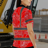 Hi Vis Polo Shirt Reflective Tapes Red Neon Flowers Custom Name Safety Workwear For Workers, Truckers, Operators