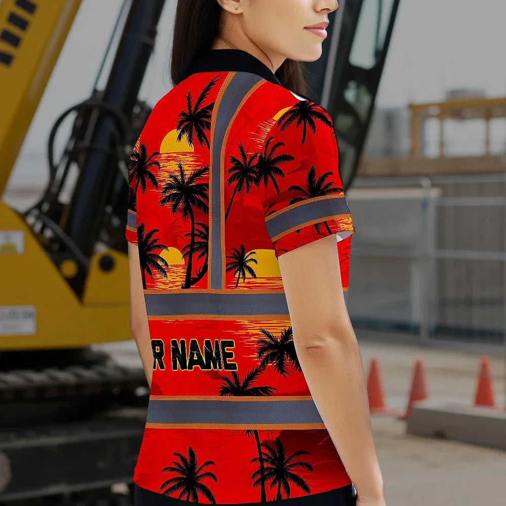 Hi Vis Polo Shirt Reflective Tapes Red Neon Flowers Custom Name