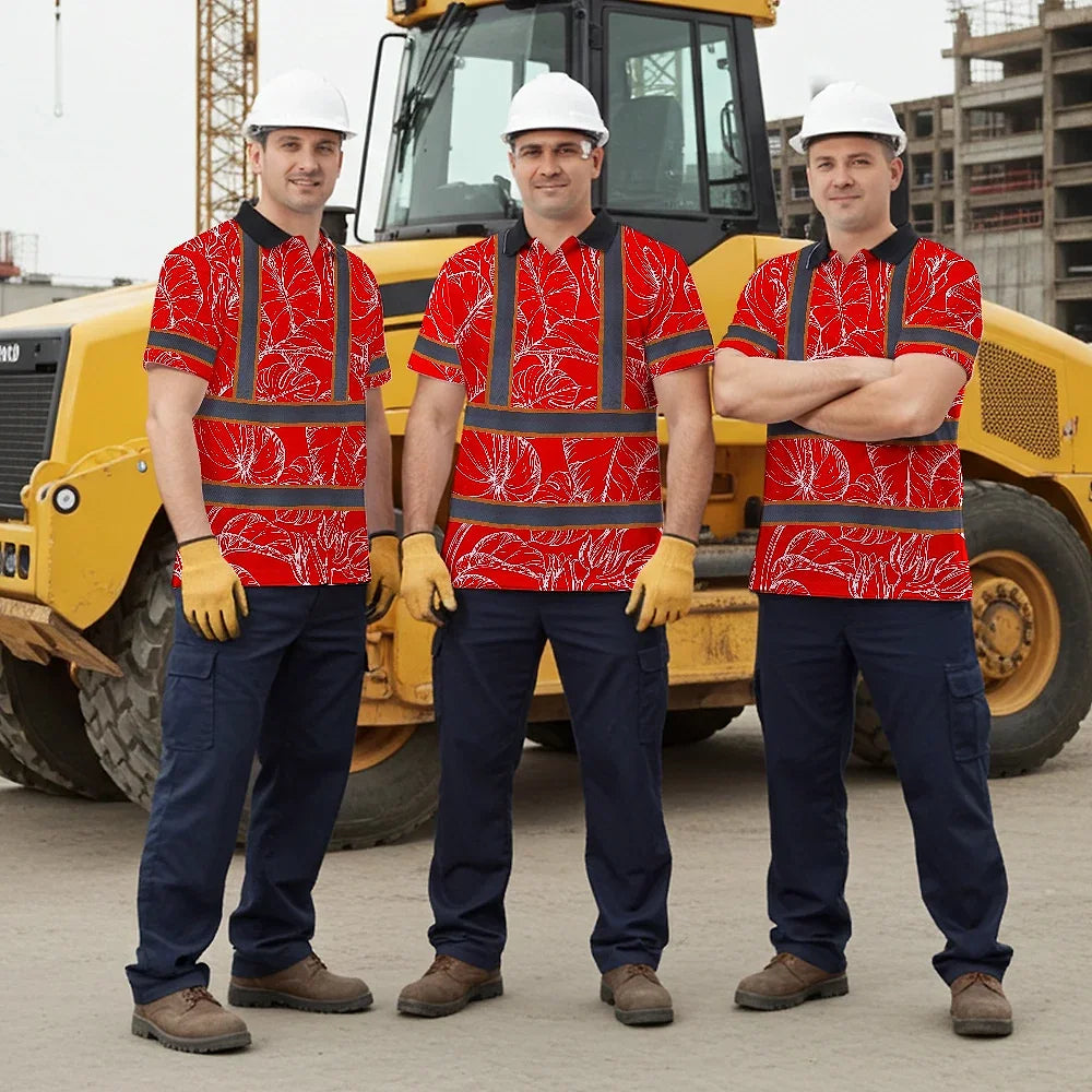 Hi Vis Polo Shirt Reflective Tapes Red Neon Flowers Custom Name Safety Workwear For Workers, Truckers, Operators