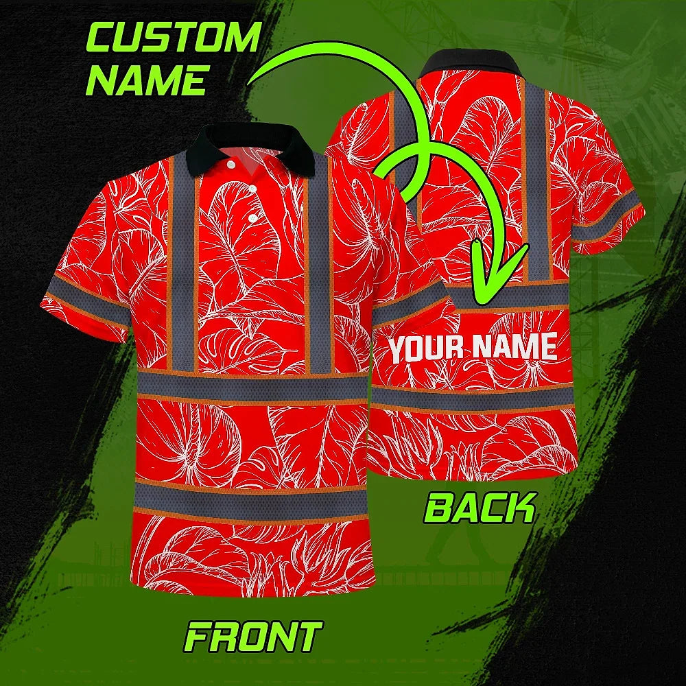 Hi Vis Polo Shirt Reflective Tapes Red Neon Flowers Custom Name Safety Workwear For Workers, Truckers, Operators